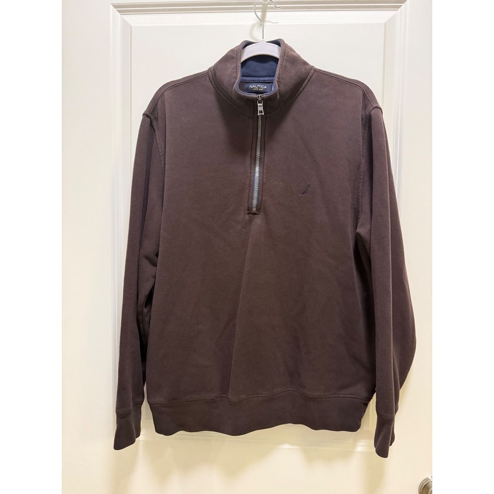 Nautica Mens Brown Quarter Zip Fleece Pullover Sweatshirt Logo Large L